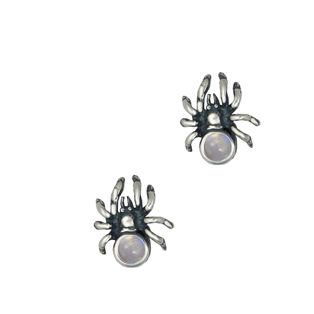 Sterling Silver Small Spider Post Stud Earrings With Rainbow Moonstone